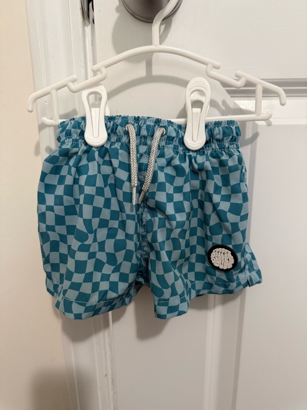Little Surfer Dude Toddler Boys Blue Checkerboard Swim Trunks